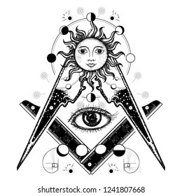 All seeing eye. Alchemy, medieval religion, occultism, spirituality and esoteric tattoo. Magic eye t-shirt design. Mysteries of knowledge 