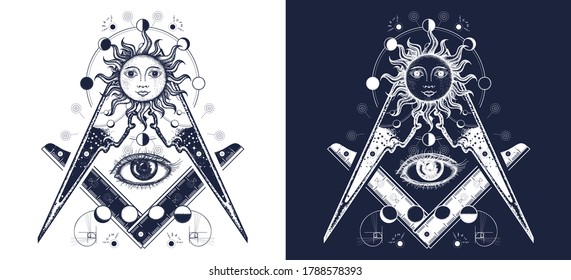 All seeing eye. Alchemy, medieval religion, occultism, spirituality and esoteric tattoo. Magic eye t-shirt design. Mysteries of knowledge. Black and white vector graphics 