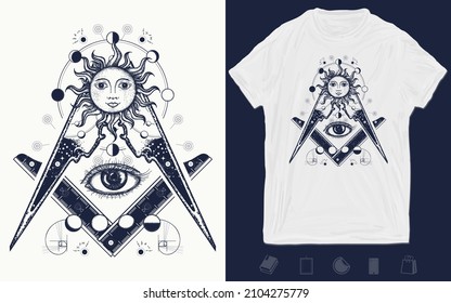 All seeing eye. Alchemy, medieval religion, occultism, spirituality and esoteric tattoo. Magic eye t-shirt design. Mysteries of knowledge. Vector graphics template. Hand drawn illustration 