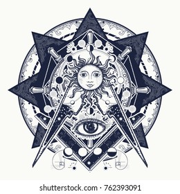 All seeing eye. Alchemy, medieval religion, occultism, spirituality and esoteric. Mysteries of knowledge of mankind. Masonic symbol tattoo and t-shirt design