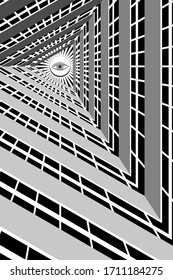 All Seeing Eye of Big Brother. Global Covert Surveillance. Abstract Black and White Geometric Pattern with Triangles. Vector. 3D Illustration