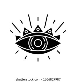 All seeing eye black glyph icon. Occultism and prophecy sacred symbol. Eye of providence. Religious, magical and esoteric sign. Silhouette symbol on white space. Vector isolated illustration