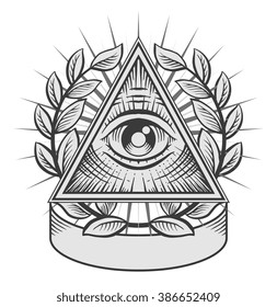 All seeing eye. Black and white vector illustration