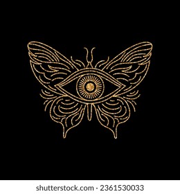 All seeing eye and butterfly with golden effect. Graphic icon in linear flat style on black background.