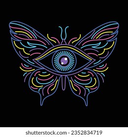 All seeing eye and butterfly. Graphic icon in linear flat style on black background.