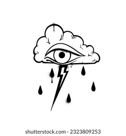 All seeing eye with cloud and lightnings. Outline vector illustration isolated on white background for creating sketches of tattoos, printing on T-shirts and other items eps 10