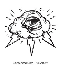 All seeing eye with cloud and lightnings. Outline vector illustration isolated on white background for creating sketches of tattoos, printing on T-shirts and other items.