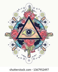 All seeing eye color tattoo art and t-s. Freemason and spiritual symbols. Alchemy, medieval religion, occultism and esoteric concept 