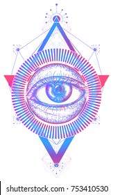 All seeing eye color tattoo art vector. Freemason and spiritual symbols. Alchemy, medieval religion, occultism, spirituality and esoteric 