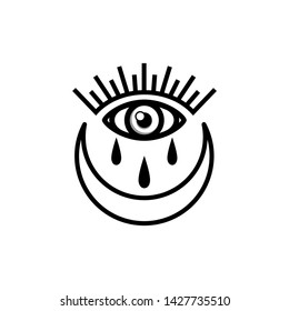 All seeing eye crying watery tears and moon icon. Sadness look - Vector