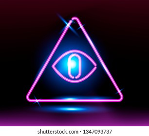 All seeing eye, Delta neon sign. Retrowave/ Synthwave style illustraction for music cover, poster, t-shirt print design.
