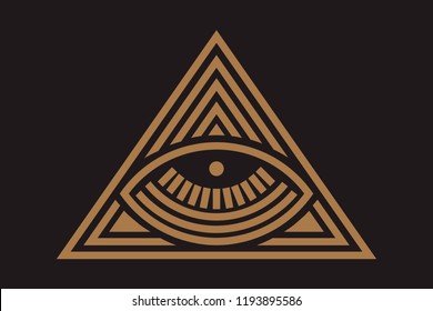 All seeing eye in delta triangle. Pyramid and freemasonry icon, new world order emblem, vector illustration