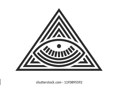 All seeing eye in delta triangle. Pyramid and freemasonry icon, new world order emblem, vector illustration