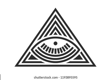 All seeing eye in delta triangle. Pyramid and freemasonry icon, new world order emblem, vector illustration