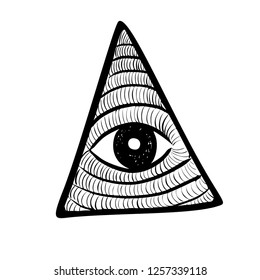 All seeing eye in delta triangle. Pyramid and freemasonry icon, new world order emblem, vector illustration