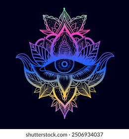 All seeing eye in doodle style on black background.Mystical eye.Gradient colors.