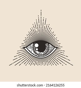 All seeing eye emblem or logo or badge design template with vintage engraving eye in triangle sunburst isolated on light background. Vector illustration