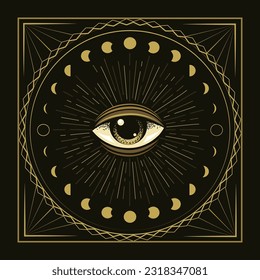 All Seeing Eye Esoteric Mystical Geometry Alchemy Engraving emblem isolated on black background. Vector illustration.