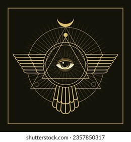 Todos los Esotéricos de la Vista en la alquimia de geometría mística del triángulo y masónica del círculo aislados en el fondo negro. Ilustración vectorial