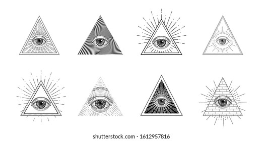 All seeing eye, freemason symbol in triangle with light ray, tattoo design