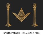 All Seeing Eye, Freemasonry Columns, vector illustration concept in engraving style. Vintage pastiche of Boaz and Jachin pillars, Square and Compasses. Drawn sketch of occult and mystical symbols.