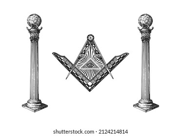 All Seeing Eye, Freemasonry Columns, vector illustration concept in engraving style. Vintage pastiche of Boaz and Jachin pillars, Square and Compasses. Drawn sketch of occult and mystical symbols.