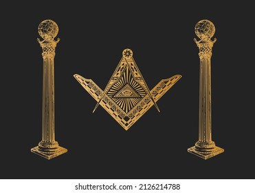 All Seeing Eye, Freemasonry Columns, vector illustration concept in engraving style. Vintage pastiche of Boaz and Jachin pillars, Square and Compasses. Drawn sketch of occult and mystical symbols.