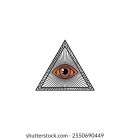 Todos viendo el ojo de Dios. Símbolo Illuminati. Ilustración dibujada a mano, dibujo grabado, Vector.