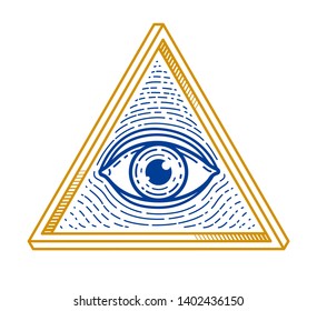 All seeing eye of god in sacred geometry triangle, masonry and illuminati symbol, vector logo or emblem design element.