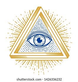 All Seeing Eye Of God In Sacred Geometry Triangle, Masonry And Illuminati Symbol, Vector Logo Or Emblem Design Element.