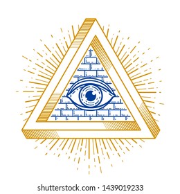 All seeing eye of god in sacred geometry triangle, masonry and illuminati symbol, vector logo or emblem design element.
