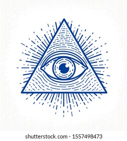 All seeing eye of god in sacred geometry triangle, masonry and illuminati symbol, vector logo or emblem design element.