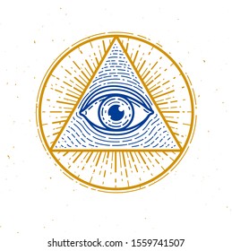 All seeing eye of god in sacred geometry triangle, masonry and illuminati symbol, vector logo or emblem design element.