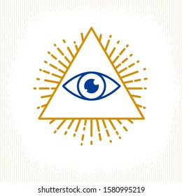 All seeing eye of god in sacred geometry triangle, masonry and illuminati symbol, vector logo or emblem design element.