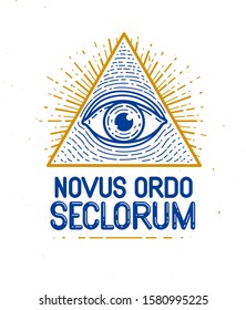 All seeing eye of god in sacred geometry triangle, masonry and illuminati symbol, vector logo or emblem design element.