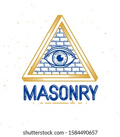 All seeing eye of god in sacred geometry triangle, masonry and illuminati symbol, vector logo or emblem design element.