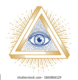 All Seeing Eye Of God In Sacred Geometry Triangle, Masonry And Illuminati Symbol, Vector Logo Or Emblem Design Element.