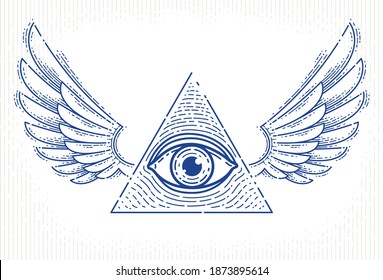 All seeing eye of god in sacred geometry triangle with bird wings of falcon or angel, masonry and illuminati symbol, vector logo or emblem design element.