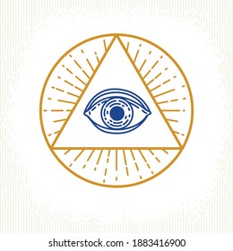 All seeing eye of god in sacred geometry triangle, masonry and illuminati symbol, vector logo or emblem design element.