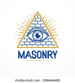 All seeing eye of god in sacred geometry triangle, masonry and illuminati symbol, vector logo or emblem design element.