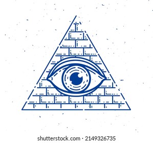 All seeing eye of god in sacred geometry triangle, masonry and illuminati symbol, vector logo or emblem design element.