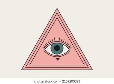 All seeing eye of god in sacred geometry triangle, masonry and illuminati symbol, vector logo or emblem design element. Vector illustration on a light background