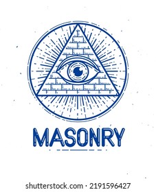 All seeing eye of god in sacred geometry triangle, masonry and illuminati symbol, vector logo or emblem design element.