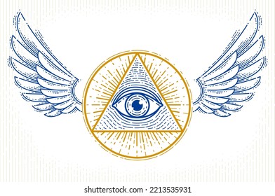 All seeing eye of god in sacred geometry triangle with bird wings of falcon or angel, masonry and illuminati symbol, vector logo or emblem design element.