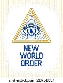 All seeing eye of god in sacred geometry triangle, masonry and illuminati symbol, vector logo or emblem design element.