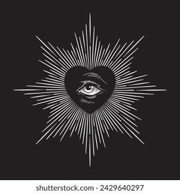 All seeing eye of God in sacred heart with rays of light sunburst hand drawn isolated vector illustration. Black work, flash tattoo or print design