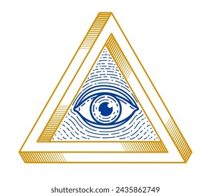 All seeing eye of god in sacred geometry triangle, masonry and illuminati symbol, vector logo or emblem design element.