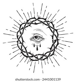 All seeing eye of God in sacred crown of thorns with rays of light sunburst hand drawn isolated vector illustration. Blackwork, flash tattoo or print design