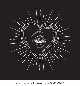 All seeing eye of God in sacred heart with rays of light sunburst hand drawn isolated vector illustration. Black work, flash tattoo or print design