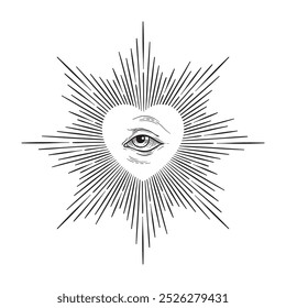 All seeing eye of God in sacred heart with rays of light sunburst hand drawn isolated vector illustration. Black work, flash tattoo or print design